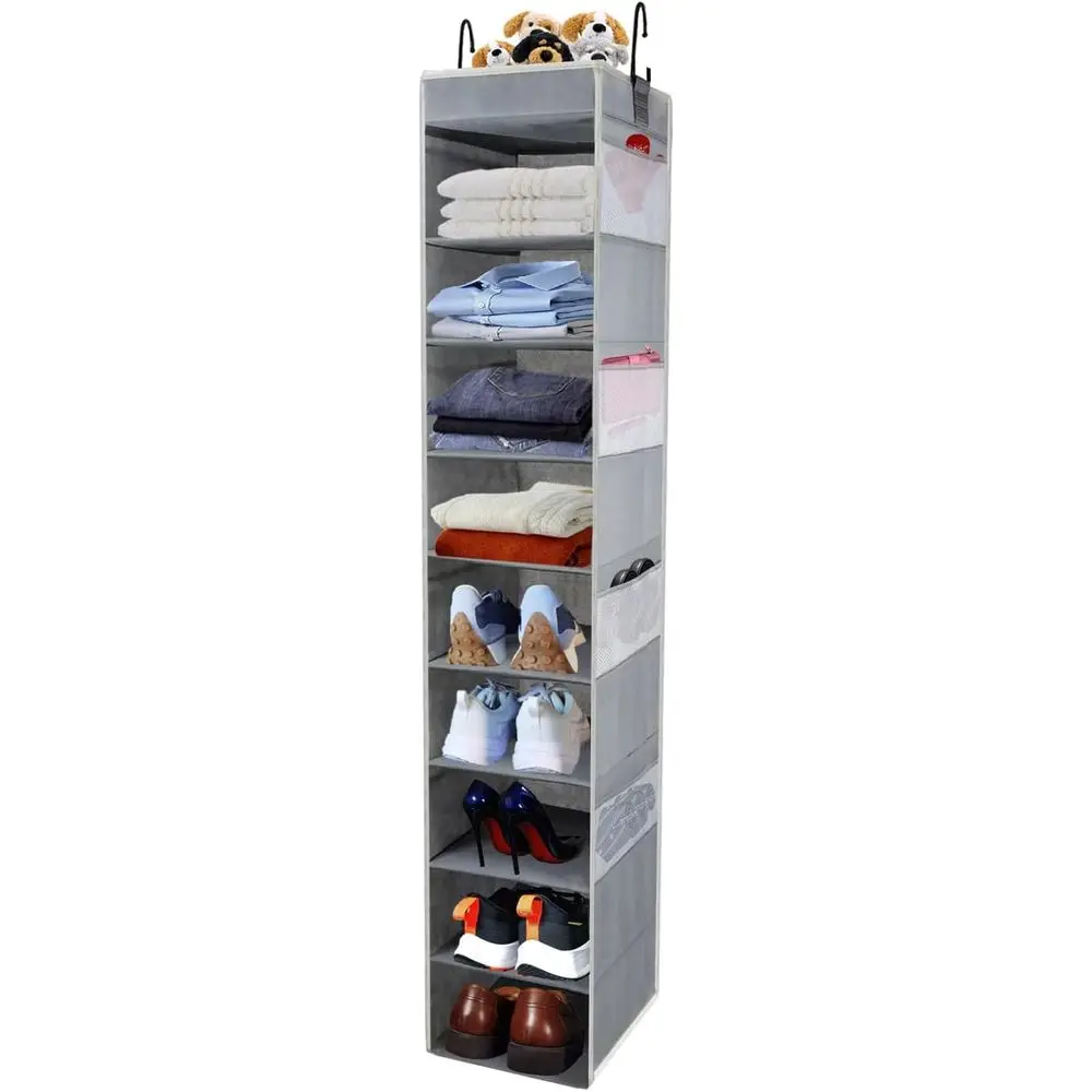 

Durable 10-Tier Hanging Closet Organizer with 8 Pockets for Shoes, Clothes, and Accessories in Grey
