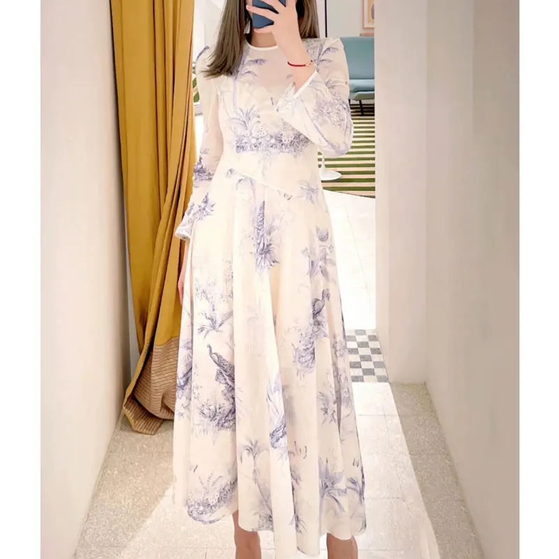 

2024 New High-end Temperament Positioning Peacock Print Irregular Waist Swing A-line Long-sleeved Dress