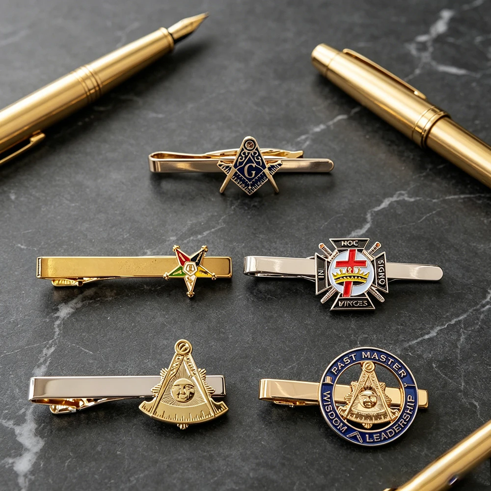 Men Freemason Past Master Sun Moon Square Compass G Templar Cross OES Eastern Star Gold Plated Enamel Tie Clips