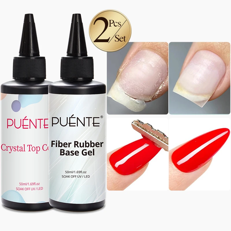 PUENTE 2pcs/set 50ML Quick-Build Fiberglass Gel Crystal Top Coat Gel Nail Polish Improve Damaged Nails Construction UV Varnish