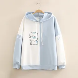 Harajuku Blue Pink Sweet Sweatshirt Hoodies Cartoon Cat Printed Hooded Women Winter Thick Warm Female Cute Kawaii Tops Tracksuit