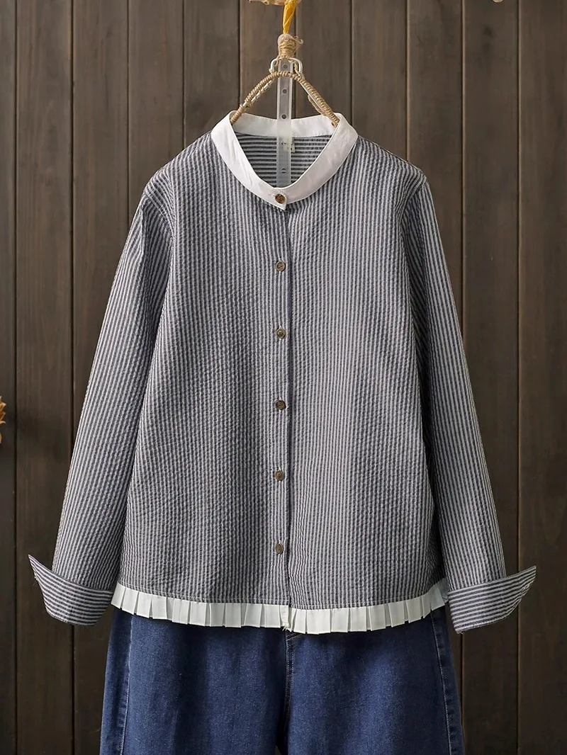 Spring Summer plus Size Striped Shirt with Wood Grain  Patchwork Long Sleeve Stand Collar Slimming Trendy Korean Style Co...
