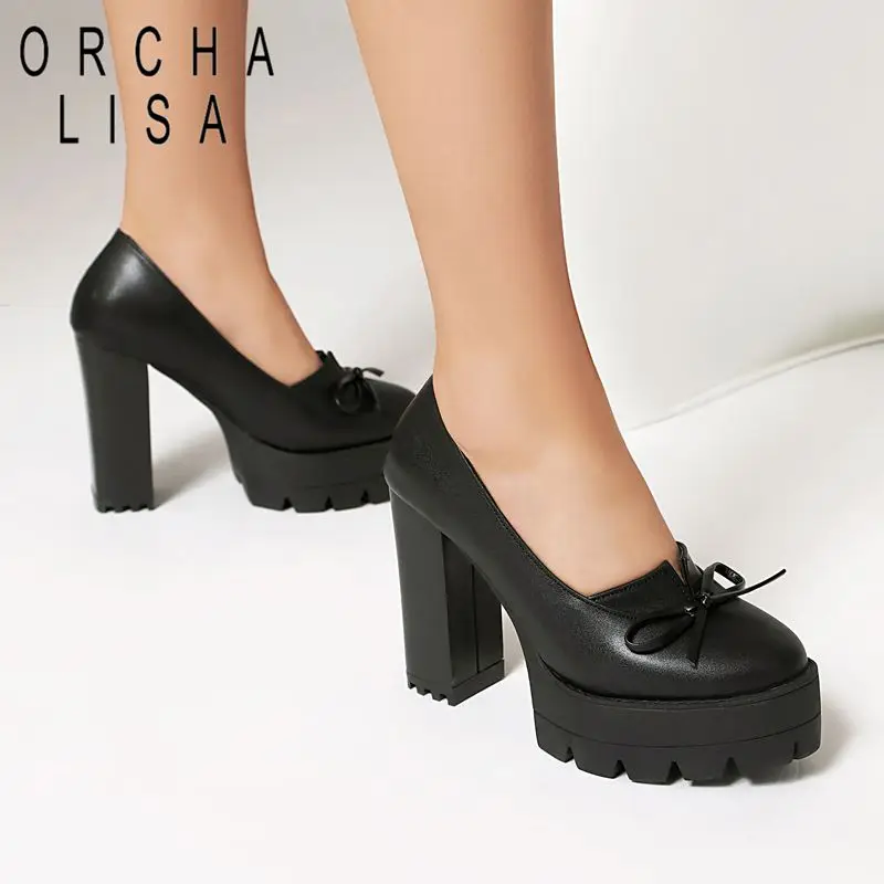 

ORCHA LISA Горячие женские туфли-лодочки с круглым носком, на каблуке 11 см, на платформе 35 см, с бантом, большие размеры 44, 45, 46, сексуальные туфли для свиданий, зимние