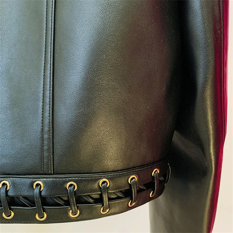 Women's leather jacket New autumn 2025 chicken hole lace up slim fit long sleeved top Metal button decoration short jacket coat