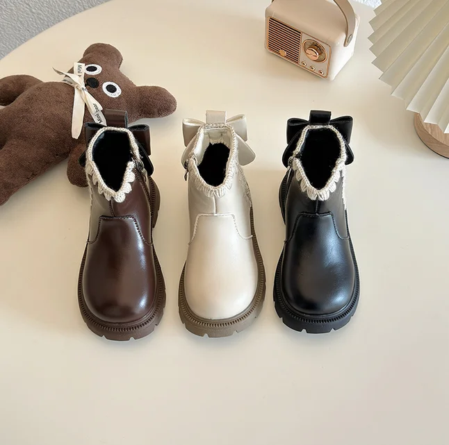 2024 Children Short Boots for Girls Winter New Fashion Korean Style Soft Sole Anti-slippery Versatile Sweeet Bowtie Leather Shoe