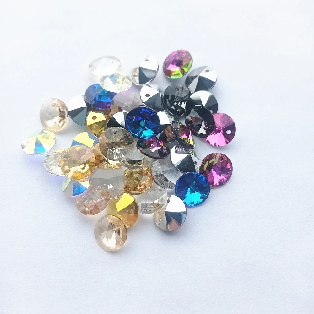 12MM Round Single Hole Glass Rhinestone Pendant Glitter High Quality Crystal AB Rivoli Diamond for Sewing Necklace Accessories