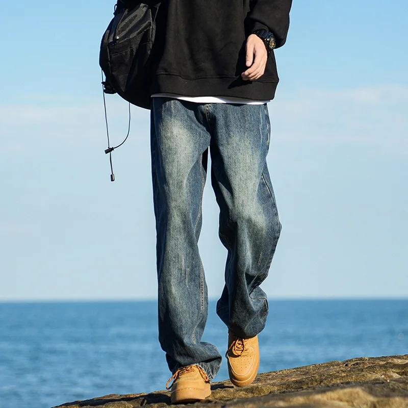 

Retro Blue Faded Men's Jeans Summer American Vibe High Street Straight Leg Loose Wide Leg Long Trousers Faionable Versatile