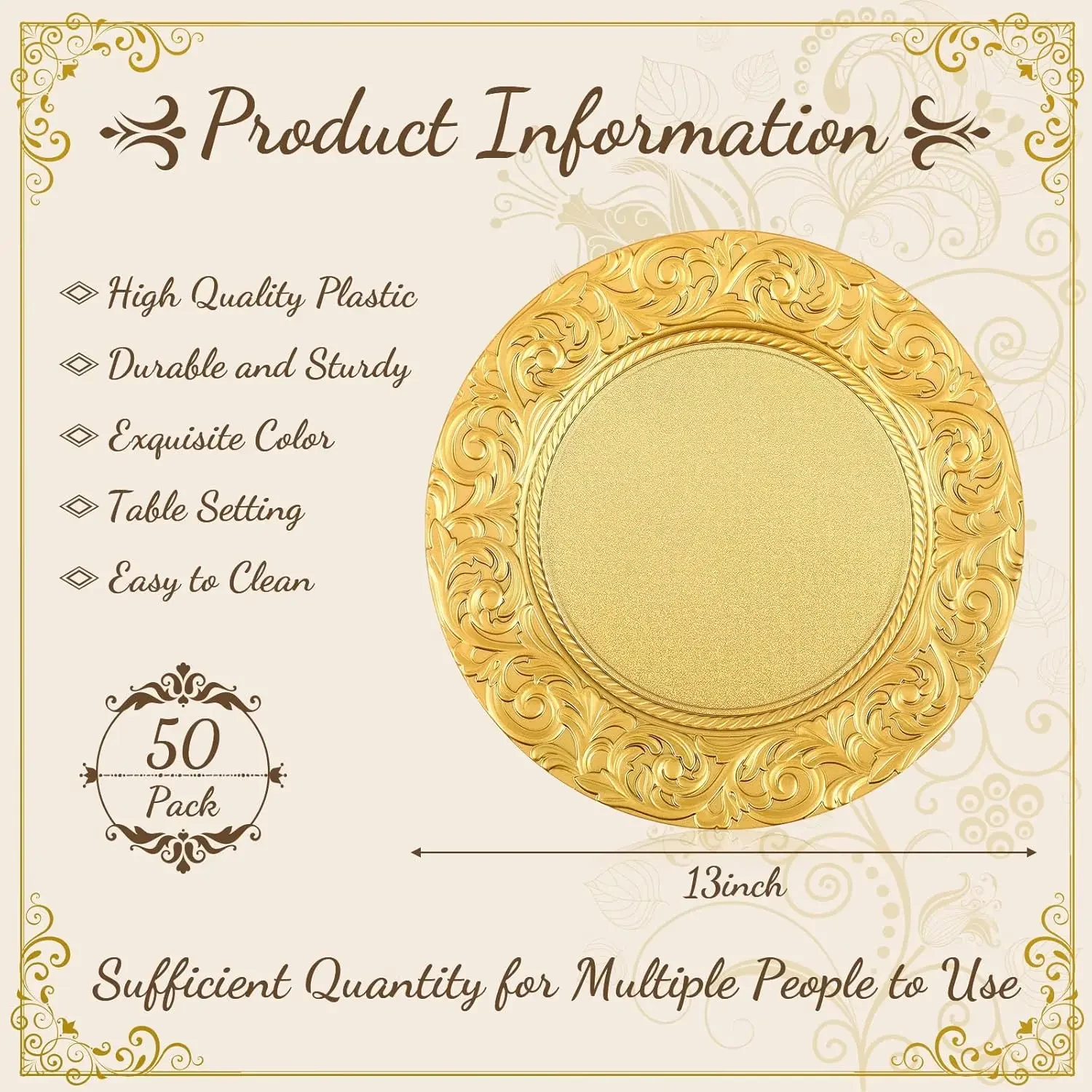 

50 Pcs 13-Inch Antique Gold Charger Plates, Embossed Rim Plastic Decorative Round Plates for Dinner, Party Table Settings