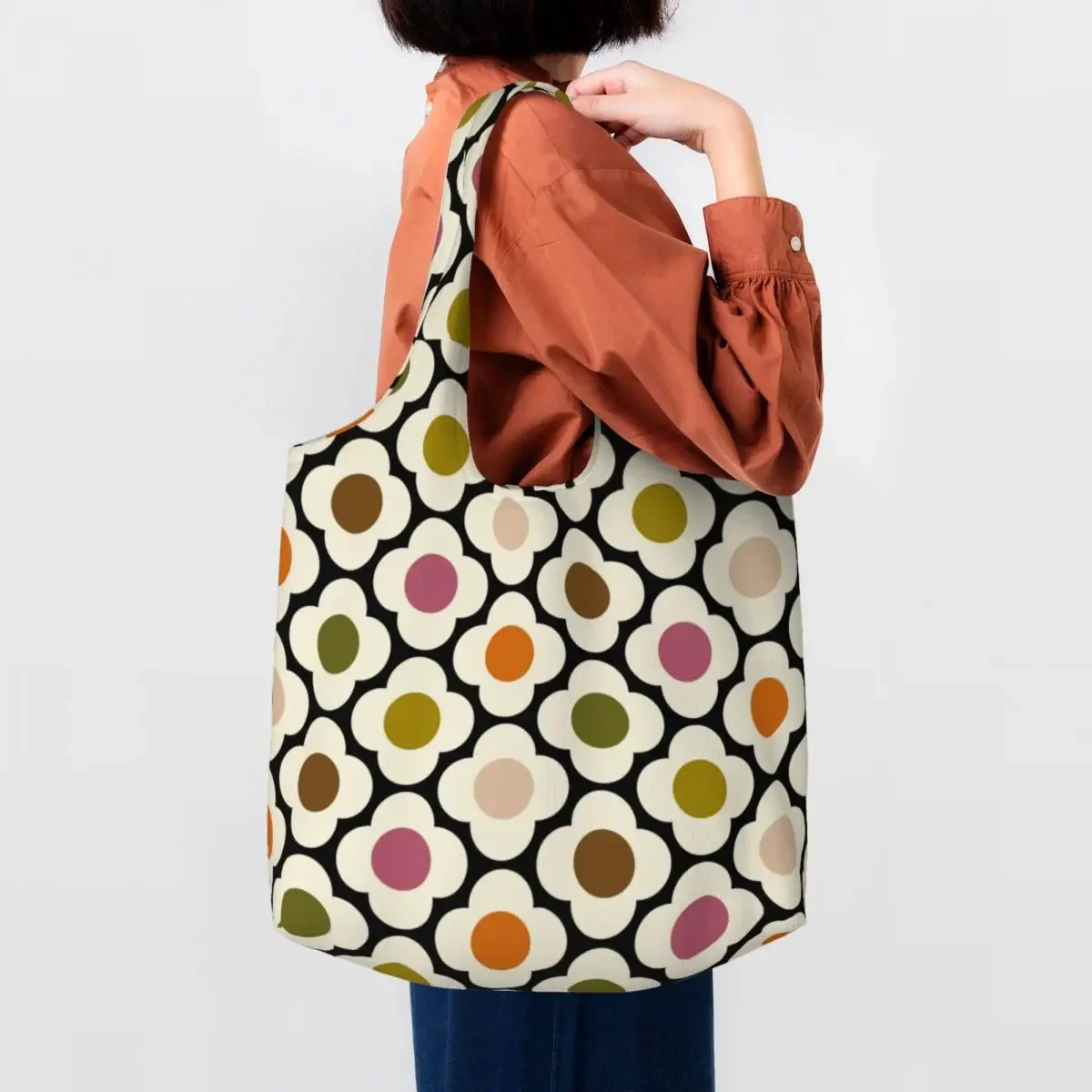 Custom Orla Kiely Spot Flower Ditsy Red Multi Shopping Tote Bag Reusable Canvas Grocery Shopper Shoulder Bag Photograph Handbags