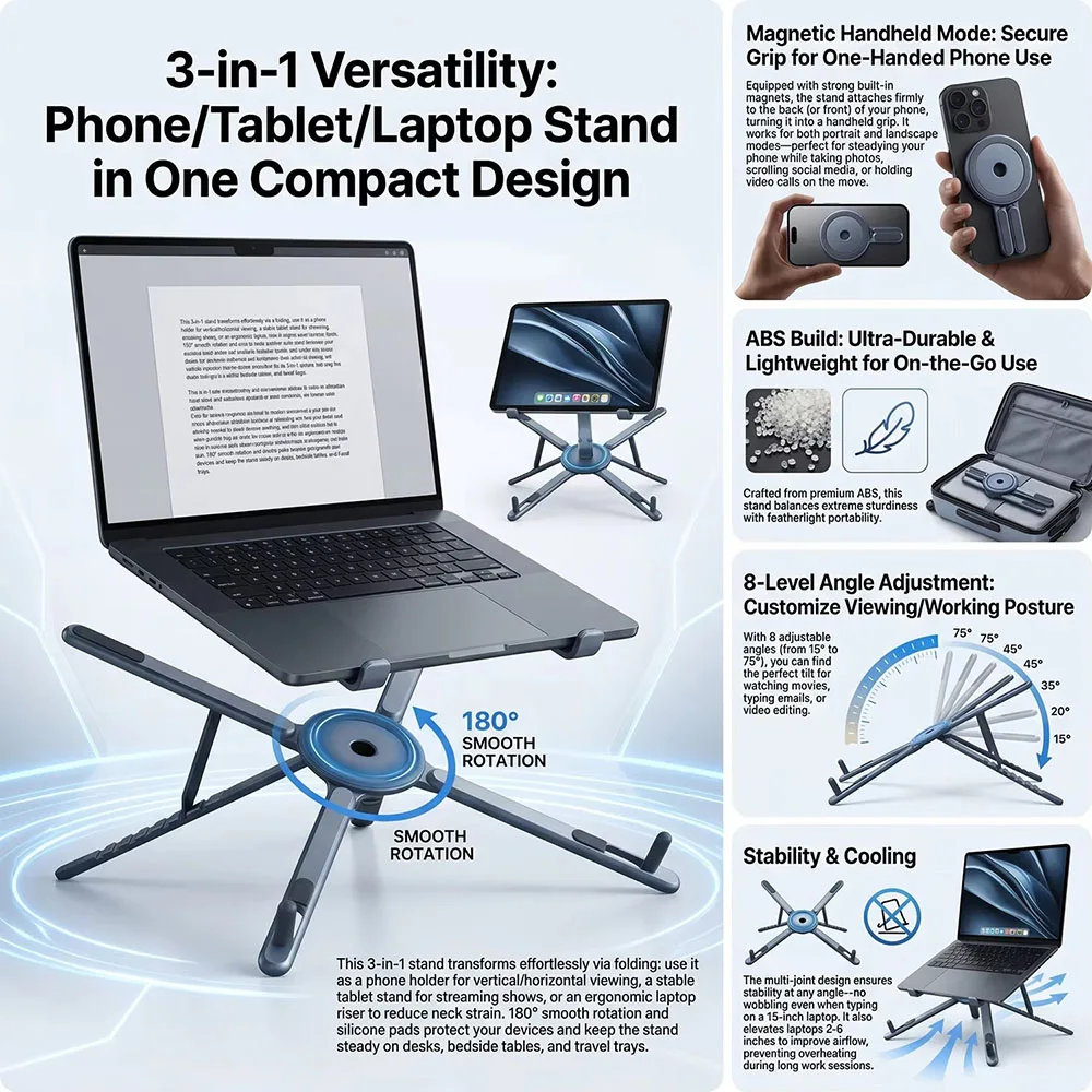 Portable Magnetic Phone Holder & Selfie Stick 3-in-1 Foldable Tripod Stand for IPhone IPad Tablet Laptop Desktop Use view 2