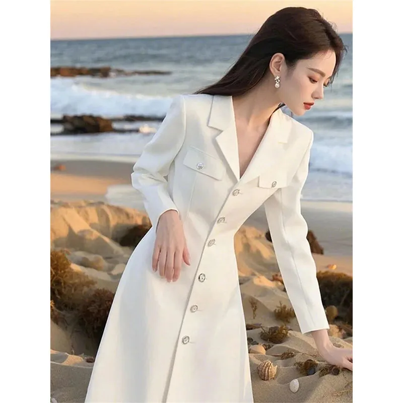 2025 New Elegant White Dress Fashion Spring Autumn Women's Single Breasted Slim Shirt Dresses Korean Women Receive High Praise