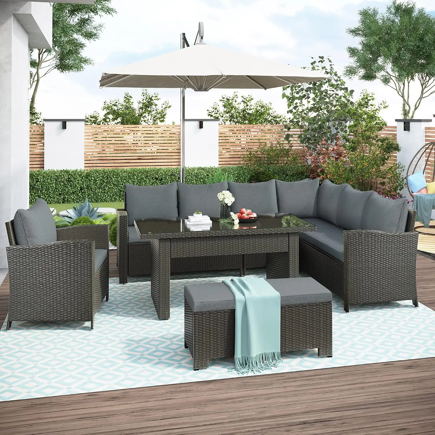 6 Piece Patio Conversation Dining Set With Table Chairs Bench Cushions, Customized