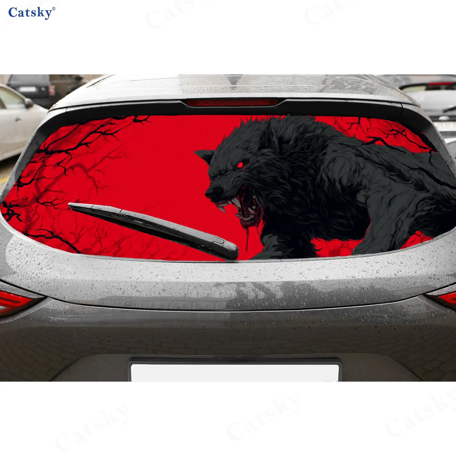 

Bloody Black Wolf Dominance Scene PVC Perforated Car Vinyl Wraps, Durable Car Rear Windshield Sticker, Waterproof Car Rear Windo