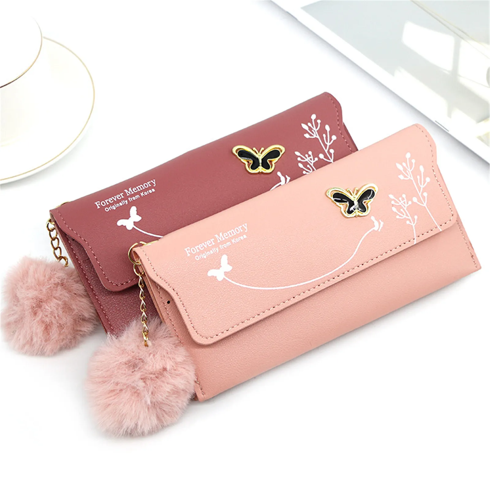 Fashion Women Wallets With Bow Tie Long Tri-Fold Wallet Purse Fresh Pu Leather Female Clutch Card Holder Versatile Shopping Bags