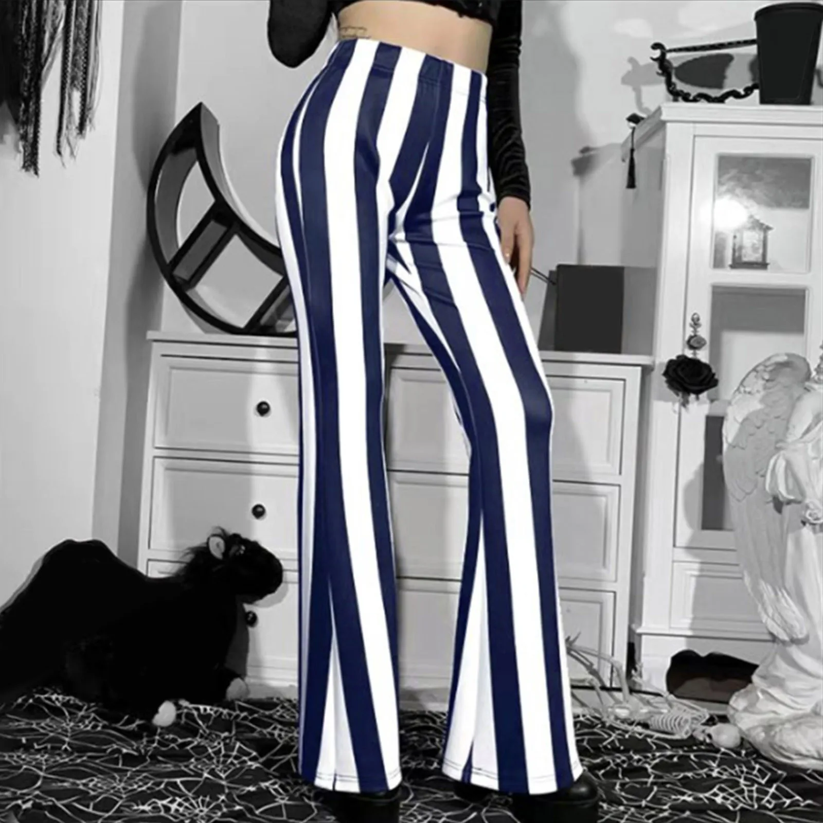 Women Flare Trousers High Waist Stretch Vertical Stripe Long Pants Casual New Elastic Lady Stretch Chic Pants Bodycon Trousers