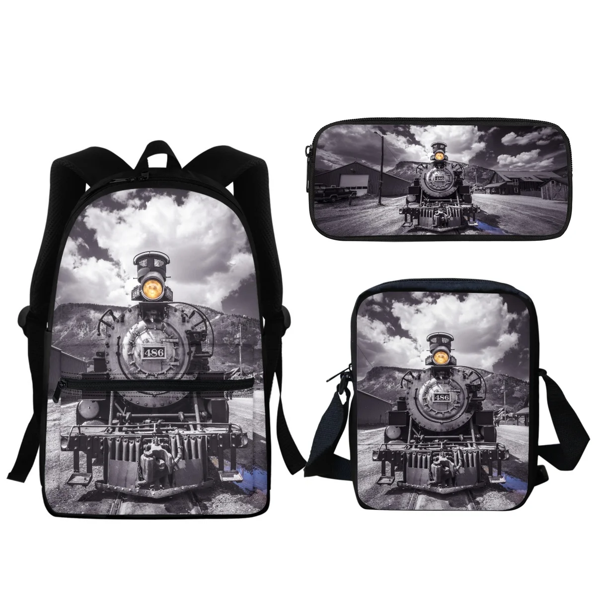 

Steam Locomotive Train Design School Bag 3pcs/Set Boys Girls Kids Backpack Lunch Small Satchel Pencil Case Travel Laptop Bag