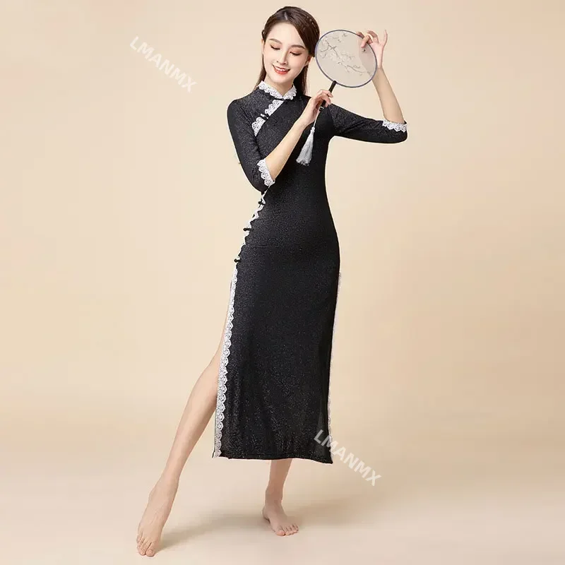 

Slit Lace Stand-up Collar Dance Dress Oriental Classical Cheongsam Long Modern Dress Women Latin Dance Wear