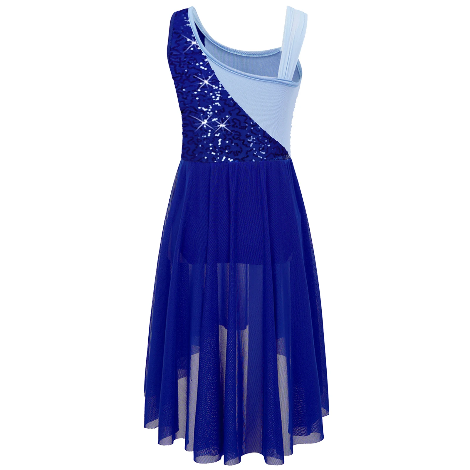 Kids Girls Contrast Color Stylish Sleeveless Round Neckline Shiny Sequins Decorated Irregular Hem Dance Dress