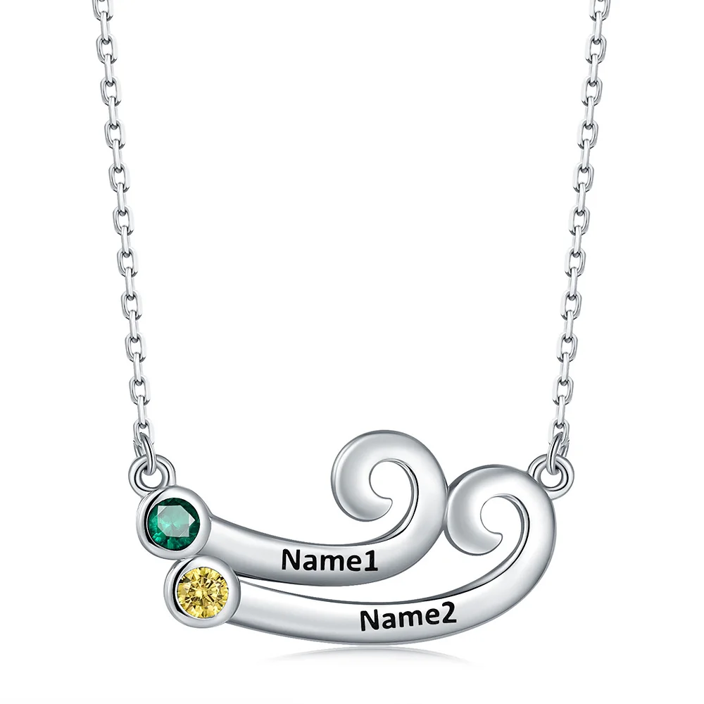 Personalized Sea Wave Necklace Engraved Name and Birthstone 925 Sterling Silver Custom Pendant Birthday Jewelry Gifts for Women