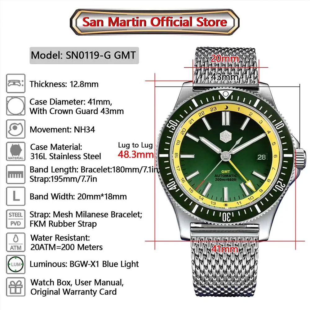 Saint Martin Original New 41mm GMT Diver NH34 Men Automatic Watch Quick Release Bracelet Water Resistance 200m Mechanical Watch