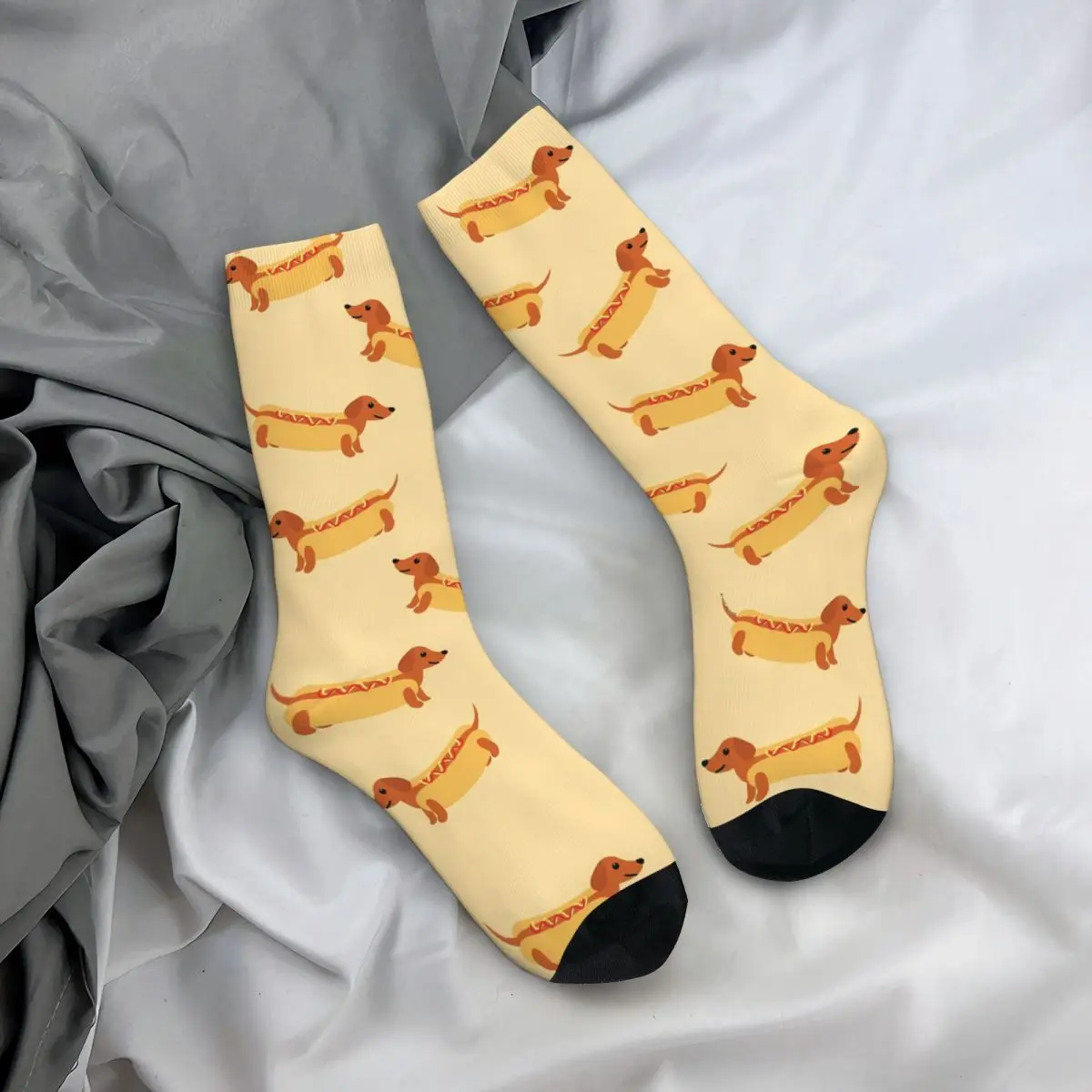 Funny Crazy Sock for Men Hot Dog Hip Hop Harajuku Dachshunds Happy Breathable Pattern Printed Boys Crew Sock Casual Gift