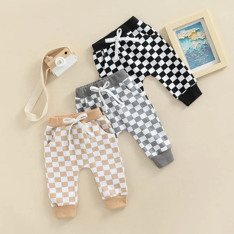 Toddler Casual Pants Baby Girl Boy Clothes Spring Autumn Fashion Checkerboard Printed Tie-up Mid-waist Trousers with Pockets