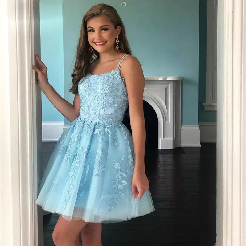 Charming Blue Homecoming Dresses Spaghetti Strap Sleeveless Prom Gowns A-Line Tulle Lace Mini Party Dresses Graduation Gowns