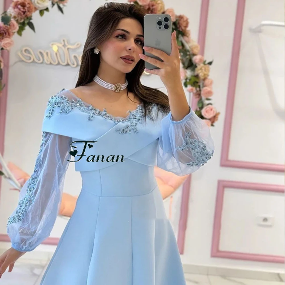 Customized Sky Blue V-neck Jersey Appliques A-line Party Dress Draped Full Sleeves Knee Length Prom Gown Elegant فساتين سهرة