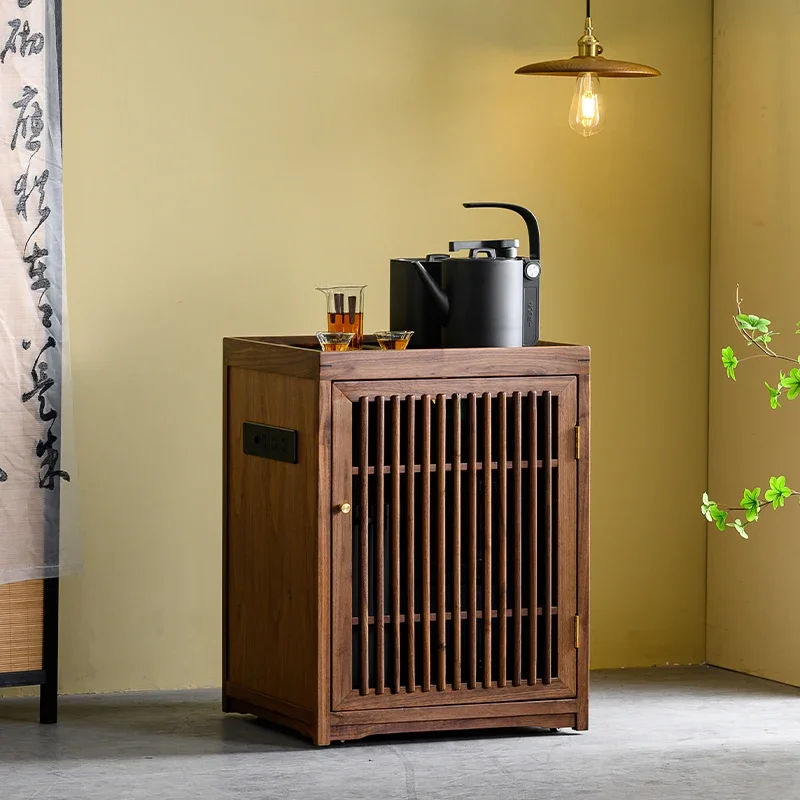 Wabi Sand Wind Black Walnut Tea Bar Machine Household Small Tea Table Mobile Side Cabinet Boiling Water and Drainage Integrated