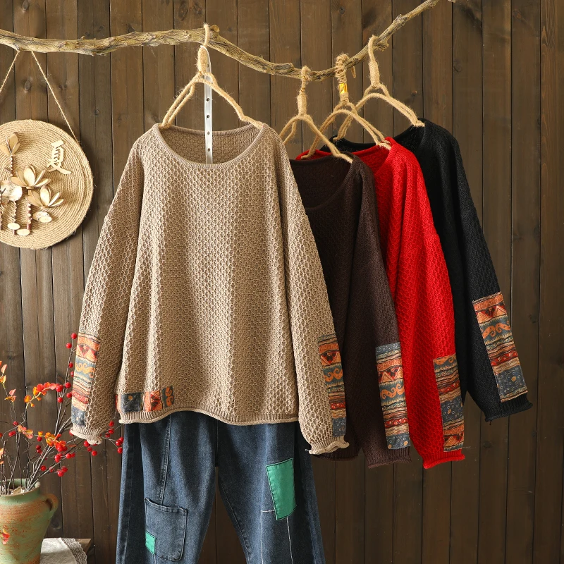 

plus Size Women's Vintage Patchwork Print Knitted Sweater round Ne Cuffed Long Sve Casual Base irt Autumn Faion