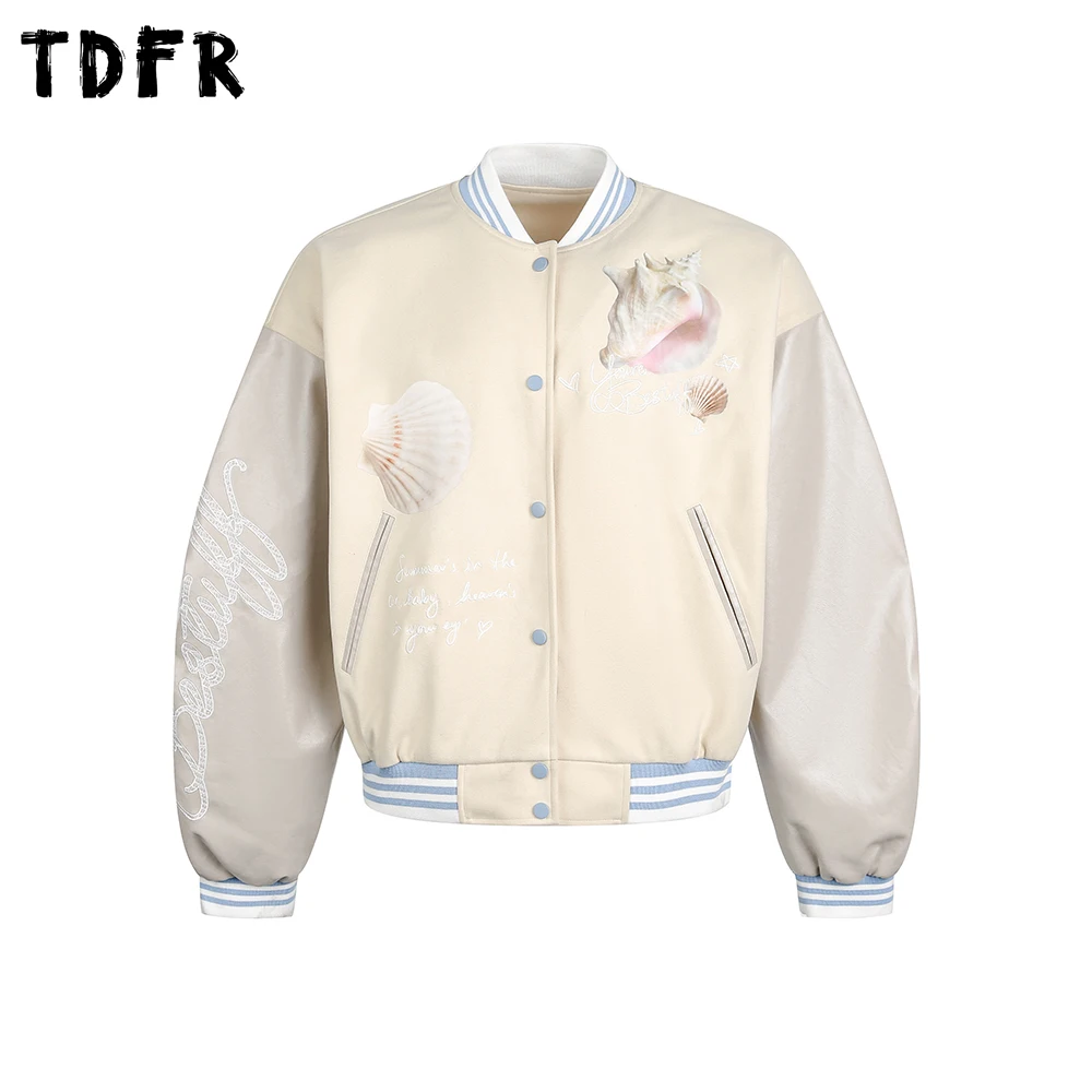 Print Spliced Baseball Jacket Mens Autumn Contrast Retro Casual Loose Stand Collar Sleeve PU Jacket Man Outerwear