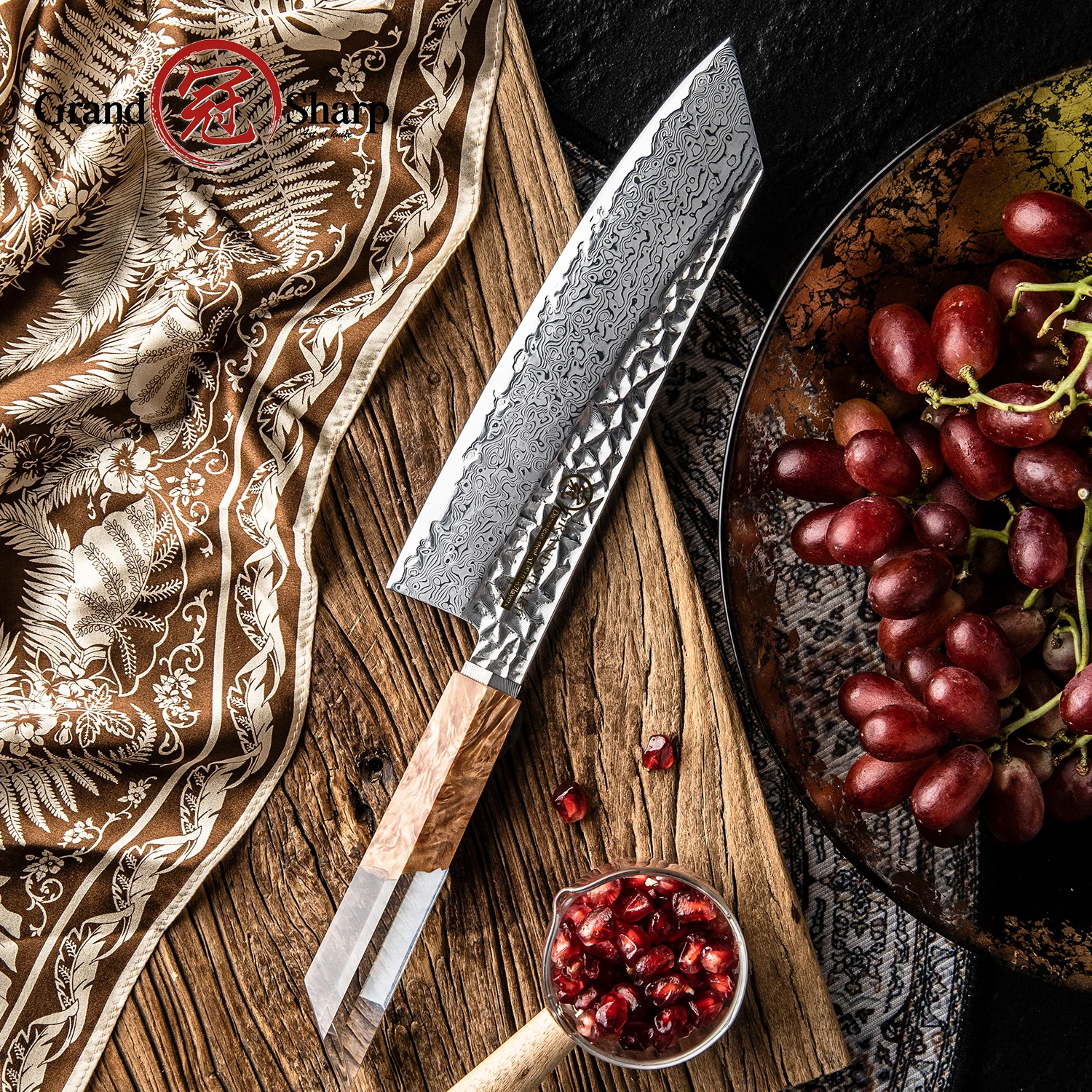 GRANDSHARP 8 Inch Kiritsuke Knife 67 Layers Damascus Steel AUS-10 Core Blade Transparent Resin & Wood Handle Kitchen Chef Knife