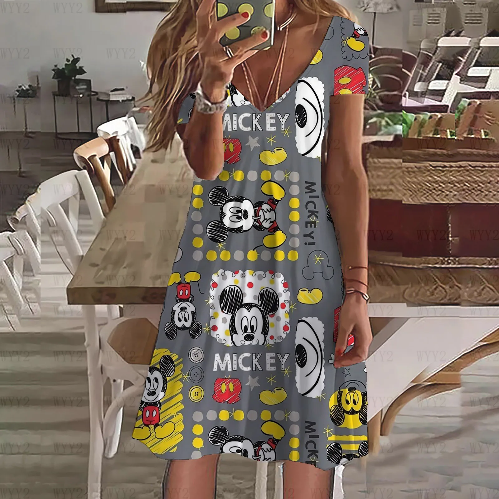 

Simple Beach Dress Loose Summer Dress Sports Short Skirt V Neck Loose Skirt Disney Mickey Mouse Cute Pattern Print