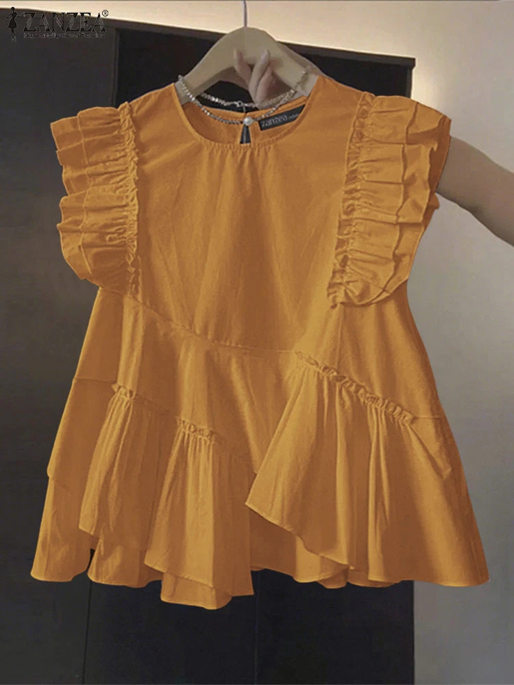 ZANZEA Moda Ruffles Top Camicetta da donna Casual Allentato Tunica asimmetrica 2025 Estate O Collo Pullover senza maniche Solid Blusas