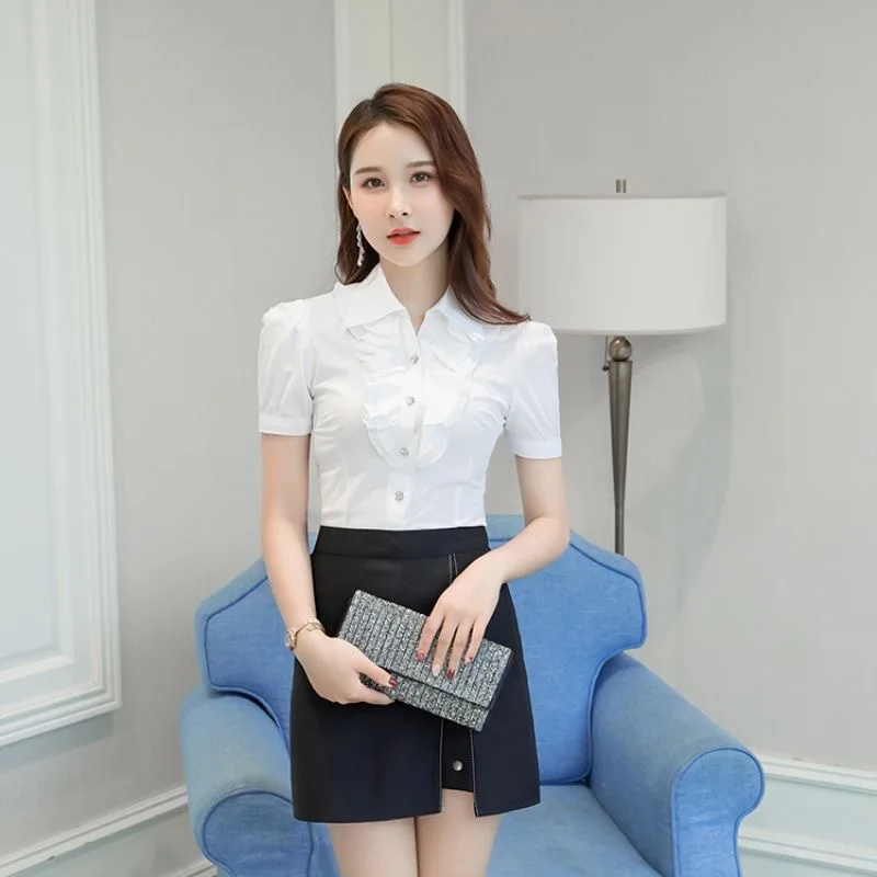 high Quality New Purple White Summer Blouse Office Work Shirt Casual Tops Short Sleeve Shirts Women Blouses Chiffon Shirt Blusas