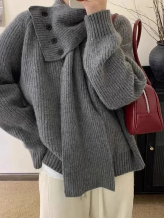 

Women's Thiened Autumn Winter Knitted Sweater with Detachable awl Collar Loose Fit Comfortable V-Ne Warm Outerwear