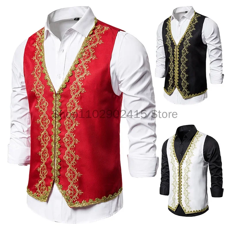 Men Stylish Embroidery Baroque Steampunk Waistcoat Jacket Medieval Victorian Cosplay Prince Nobleman Vest Bavarian Halloween