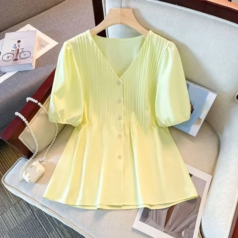 French Ladies V Neck Pleated T-Shirt Summer Women Fashion Solid Color Large Size 4XL Blouse Female Casual Bubble Sleeved Tops