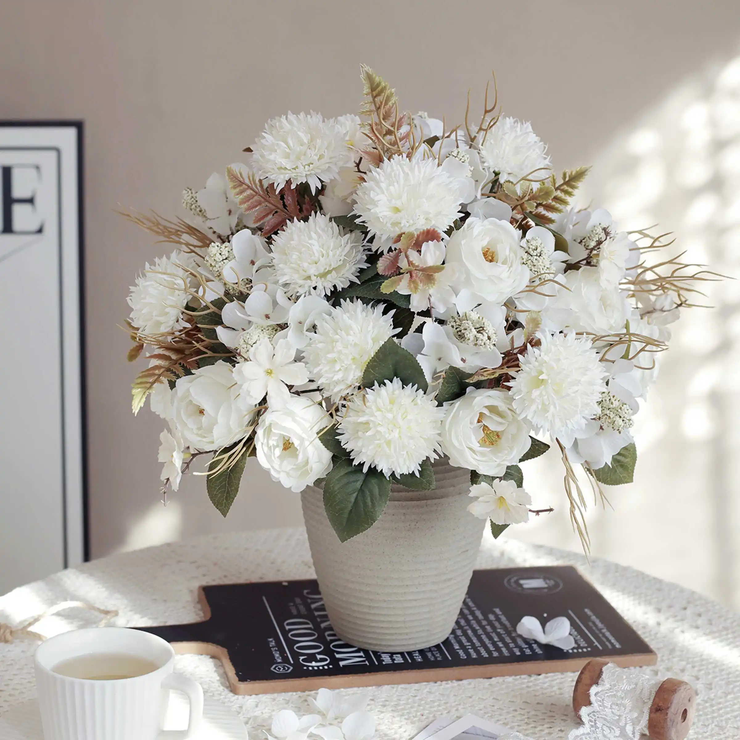 

6PCS Artificial Roses Flowers Festival Home Room Decora Wedding Bridal Bouquet Garden Fake Silk Peony Hydrangeas Vase Board Gift