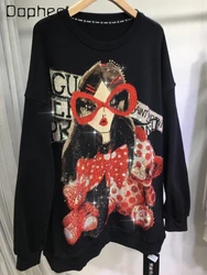 Sudadera de manga larga con capucha para mujer, suéter holgado de cuello redondo con diamantes, moda de la industria pesada, productos europeos, Otoño e Invierno