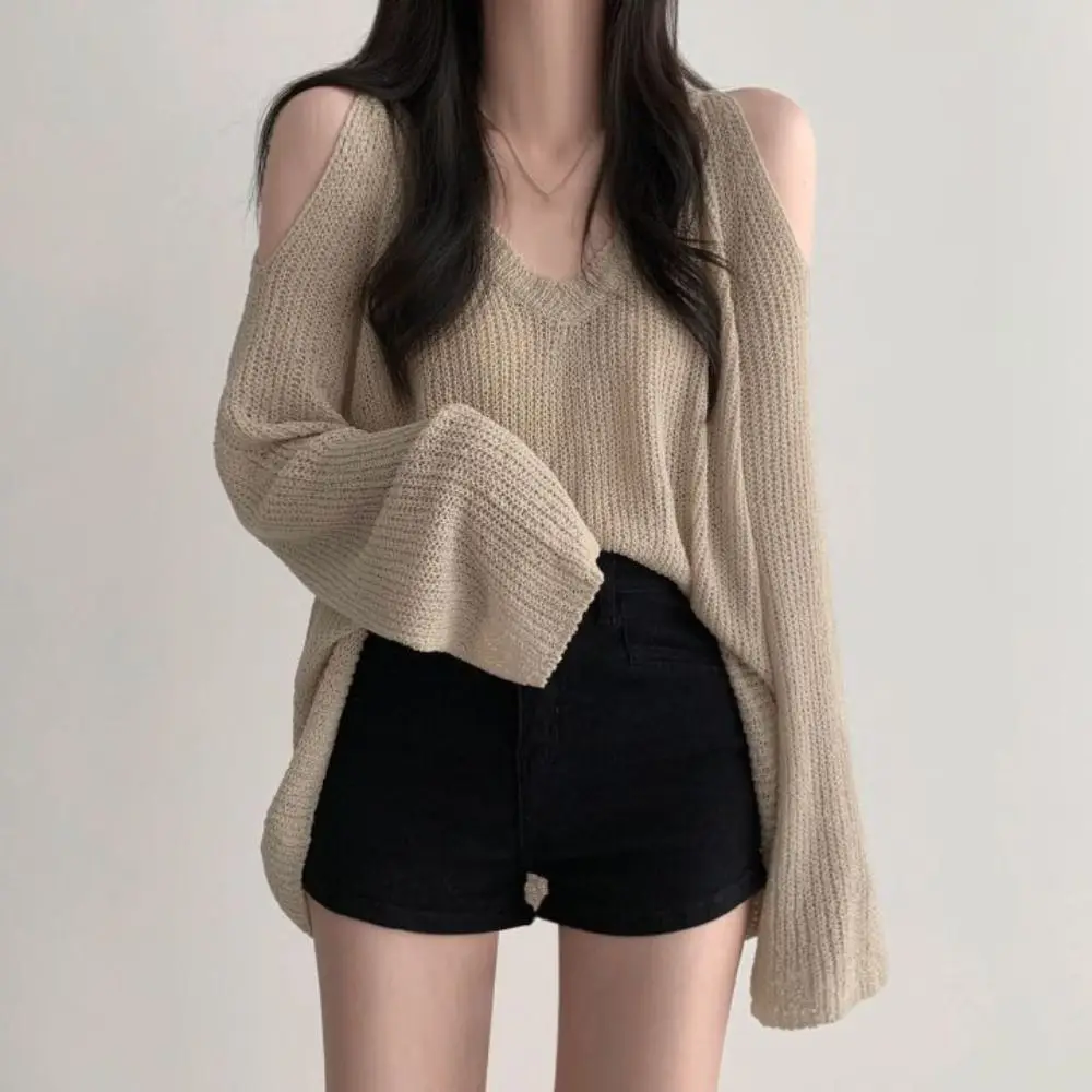 

Simple Hollow Out Knit Long T-shirt Long Sleeve V-neck Crochet Knitwear Pullover Chic Knitted Loose Top Girl