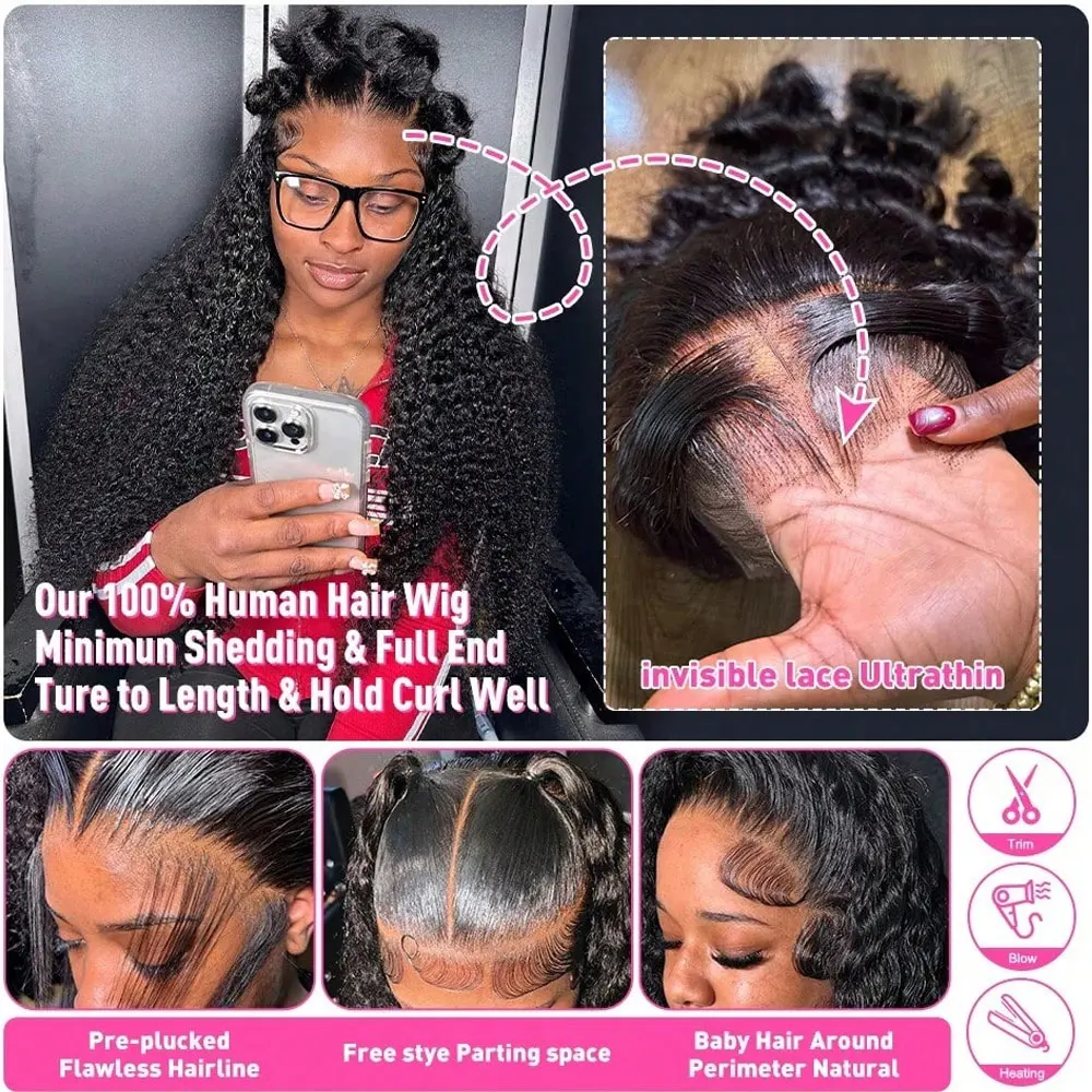 13x4 Jerry bouclés dentelle avant perruque 40 pouces profond crépus bouclés perruques de cheveux humains 250% 13X6 HD Transparent dentelle frontale perruque pour les femmes