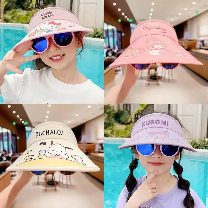 

Sanrio Kawaii Hellokitty Children's Cinnamoroll Sun Hat Summer Cartoon Large Brimmed Uv Resistant Glasses Empty Top Hat