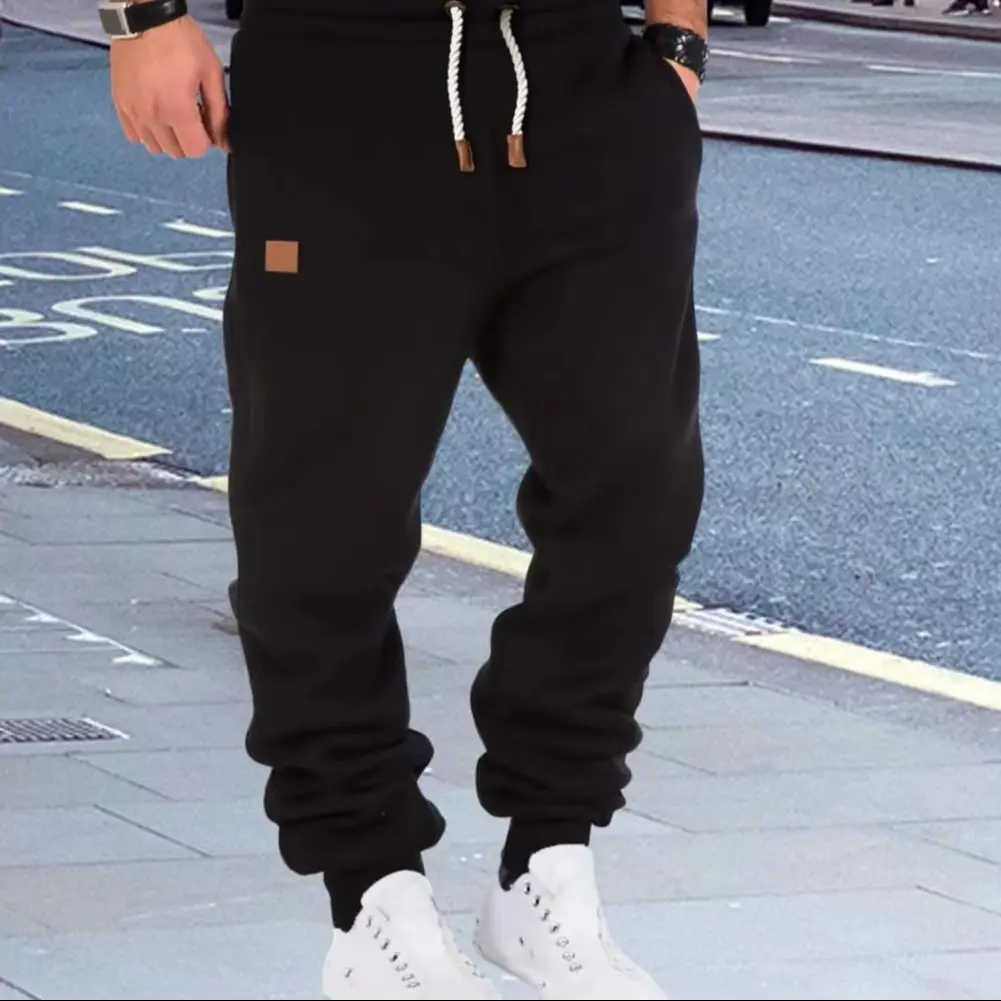 Men Sports Pants Drawstring Elastic Waist Solid Color Pockets Soft Breathable Stretchy Ankle-banded Men Jogging Gym Trousers