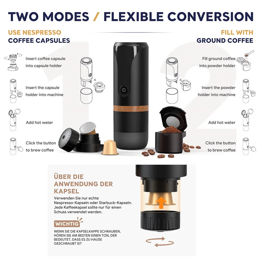 Portable Espresso Coffee Machine 2in 1 Fit Nespresso Capsule Coffee Powder Rechargeable Electric Coffee Maker  For Car & Travel