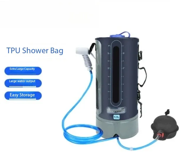 12L Portable Camping Shower Bag with Upgraded Spiral Cap Automatic Pressure Pump Water Level Window Beach Shower