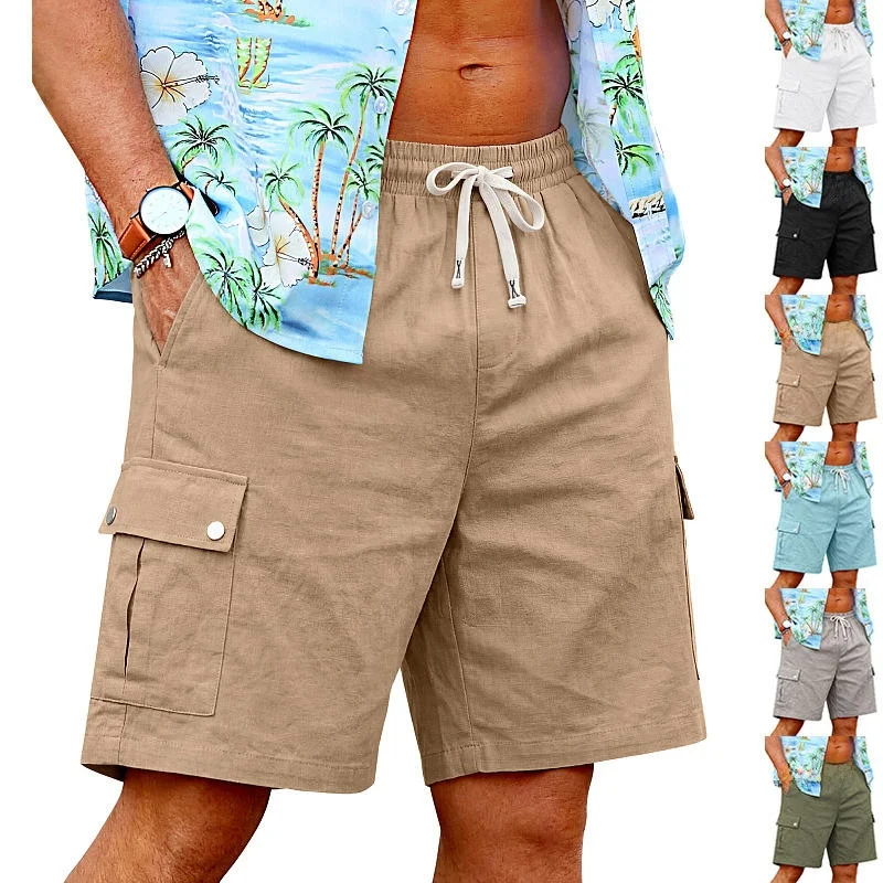 Summer Casual Cotton Linen Men's Shorts Multi-Pocket Outdoor Leisure Workwear Sports Beach Elastic Waist Shorts