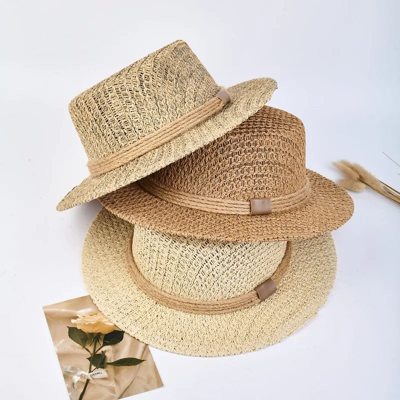 UV Protection Flat Top Straw Hat Hand Woven Hollow Out Vintage French Old Money Style Sun Protective for Women Summer Beach