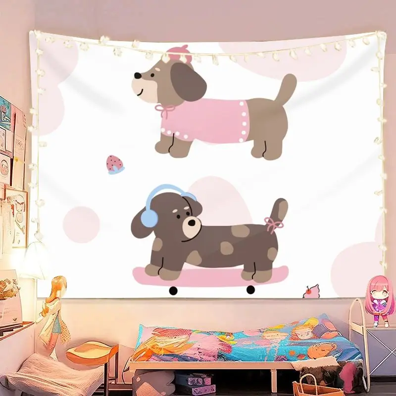 VIKAMA Cute Dachshund Tapestry, Dopamine-Colored Graffiti Art Wall Hanging, Decorative Hanging for Bedrooms and Dorm Rooms