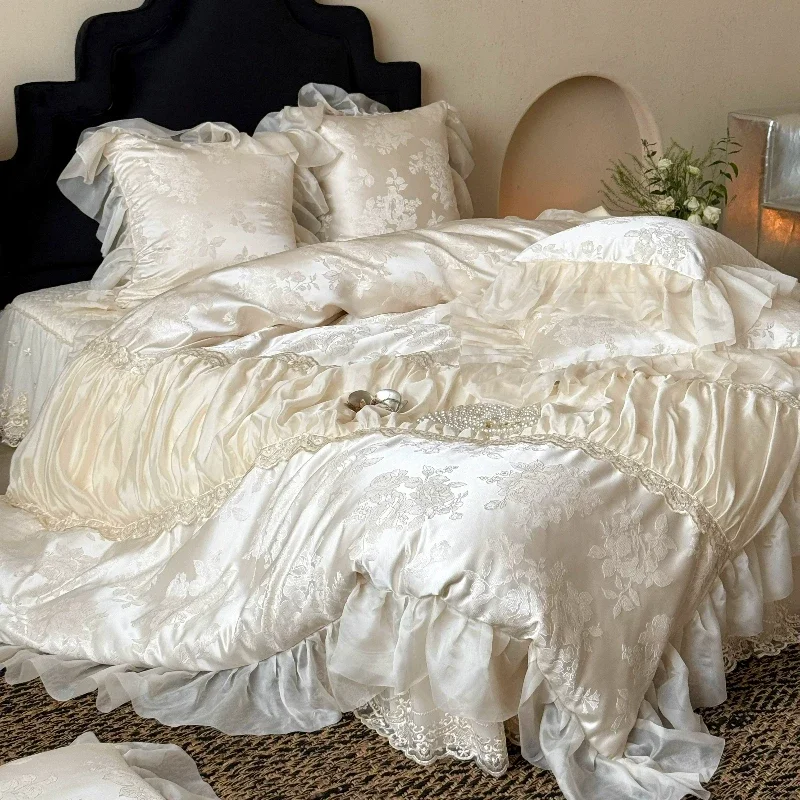 French fairy romantic jacquard long staple cotton 4 piece set pure cotton lace edge bed cover duvet cover princess style bedding